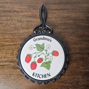 Vintage Grandma’s Kitchen Strawberry Cast Iron & Ceramic Trivet